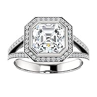 Siyaa Gems 4 CT Asscher Moissanite Engagement Ring Wedding Eternity Band Vintage Solitaire Halo Silver Jewelry Anniversary Promise Vintage Ring Gift