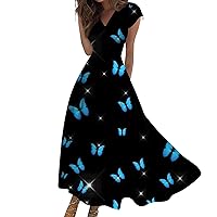 Womens Sweaters Clearance Floral Dress for Women Butterfly Pattern Fashion Modest Elegant with Short Sleeve V Neck Swing Tunic Dresses Dark Blue Medium