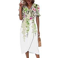 Beach Dresses for Women 2024 Summer Trendy Elegant Wrap V Neck Floral Boho Print Flowy Tunic Ruched Hawaiian Dress