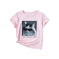 SOLY HUX Girl's Cute Cat Graphic Tees Letter Print Short Sleeve T Shirts Summer Tops