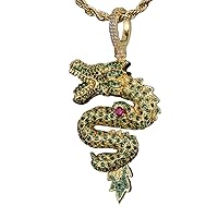 Iced Out Dragon Copper Pendant Hip Hop Necklace 18K Gold Plated Bling Cubic Zirconia Micropave Simulated Diamond for Men Women Charm Jewelry with Stainless Steel Rope Chain