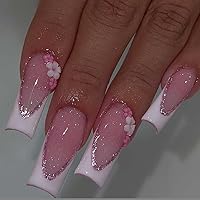 Press on Nails Long Rhinestone Pink Fake Nails Black Nails Square Bling Glossy 3D Flower False Nail Tips Artificial Nails Finger Manicure for Women and Girls-24pcs (Long Nails 5)