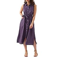 Amazhiyu Womens Pure Linen Summer Button Down Midi Dresses with Pockets and Belt