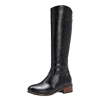 BIGTREE Womens Knee High Biker Boots Wide Calf Retro Winter Lined Western Riding Boots with Back Zip