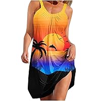Deals of The Day Lightning Deals Women's Summer Tropical Print Tank Dress, Loose Sleeveless Cami Dresses Trendy Casual Beach Holiday Dress Flowy Sundress Womens Spring Dresses 2024 Orange