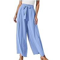Wide Leg Pants Woman Summer Baggy High Waisted Palazzo Pants Business Casual Work Flowy Tie Knot Trousers with Pocket