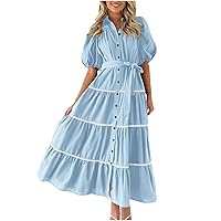 Women Tiered Lace Up Summer Dresses V Neck Button Ruffle Maxi Dress Casual Elegant Puff Sleeve Vacation Dress Boho Sundress