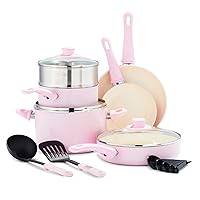 GreenLife Soft Grip Healthy Ceramic Nonstick 12 Piece Cookware Pots and Pans Set, PFAS-Free, Dishwasher Safe, Pink