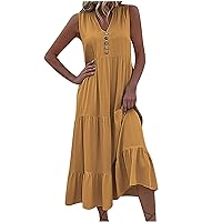 Lightning Deals of Today Clearance Women Summer Flowy Dresses Casual Mid Calf Dress V Neck Button Sleeveless Midi Dress Classy Vacation Sundress Robe Rouge Yellow