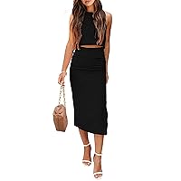 PRETTYGARDEN Women's 2 Piece Summer Outfits Crewneck Tank Tops Split Bodycon Midi Skirt Set