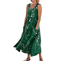 Vacation Dress for Women Floral Dress for Women 2024 Summer Bohemian Print Casual Loose Fit with Sleeveless U Neck Linen Dresses Green X-Large