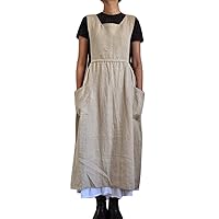 PEHMEA Women's Casual Cotton Linen Apron Long Gardening Working Pinafore Dress with Pockets