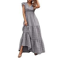 Cross Border European and American Women' Summer Bohemian -Neck Waist Printed Holiday Long Dress with Patch