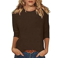 Womens 3/4 Sleeve Tops and Blouses O-Neck Solid Color Shirts Cute Casual Tops Trendy Comfy Blouses Loose Fit T-Shirt