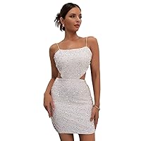 Women's Sequin Bodycon Backless Cut Out Waist Sparkly Sleeveless Spaghetti Strap Dress Mini Sexy Glitter Party