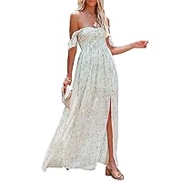 MERMAID'S CLOSET Women's Casual Off Shoulder Lace Maxi Dress Boho White Bridesmaid Wedding Evening Party Dresses