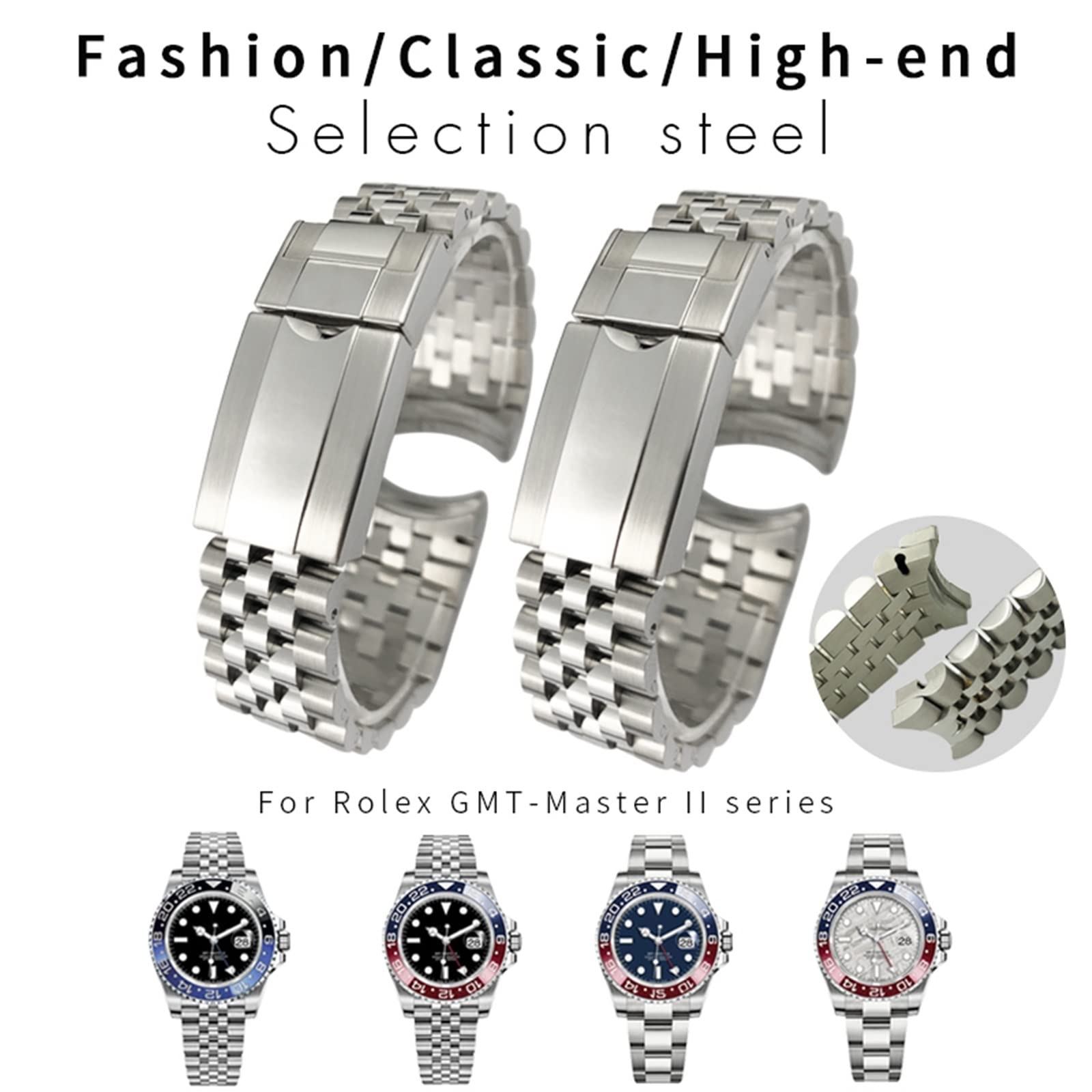 AEMALL 20mm 904L Solid Stainless Steel Watchband for Rolex Strap GMT Master II Wrist Watch Band Bracelet Jubilee with Oyster Clasp