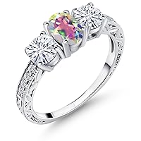 Gem Stone King 925 Sterling Silver 3-Stone Ring Oval Mercury Mist Mystic Topaz and Moissanite (2.12 Cttw)