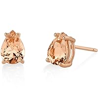 Peora Morganite Earrings for Women in 14 Karat Rose Gold, Classic Solitaire Studs, 7x5mm Pear Shape, 1.50 Carats total, Friction Back