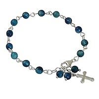 NOVICA Artisan Handmade Blue Agate Beaded Bracelet from Thailand .925 Sterling Silver Fine Aquamarine Link Religious 'Cross by the Sea'