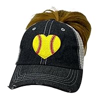Cocomo Soul Womens Softball Hat Softball Heart Hat Softball Love Hat Softball Mom Hat Messy BUN Top Ponytail Hat Cap -235 Dark Grey