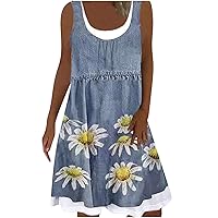 Women's Dress Round Neck Sleeveless Knee Length Casual Summer Boho Print Flowy Beach Swing Splicing Loose Sundress Blue