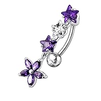 CZ Crystal Stone Triple Star with Flower Dangling Reverse Bar 925 Sterlingl Silver Belly Ring Body Jewelry