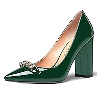 WAYDERNS Women's Pointed Toe Slip On Patent Metal Chain Thick Block High Heel Pumps Shoes 4 Inch