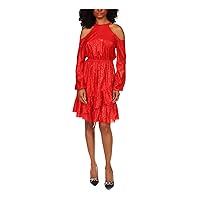 Michael Kors Womens Red Cold Shoulder Ruffled Pullover Keyhole Back Long Sleeve Crew Neck Above The Knee Party Fit + Flare Dress L