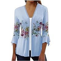 Women Boho Floral Button Down Tunic Shirts Plus Size Summer 3/4 Bell Sleeve V Neck Flowy Blouses Casual Beach Tops