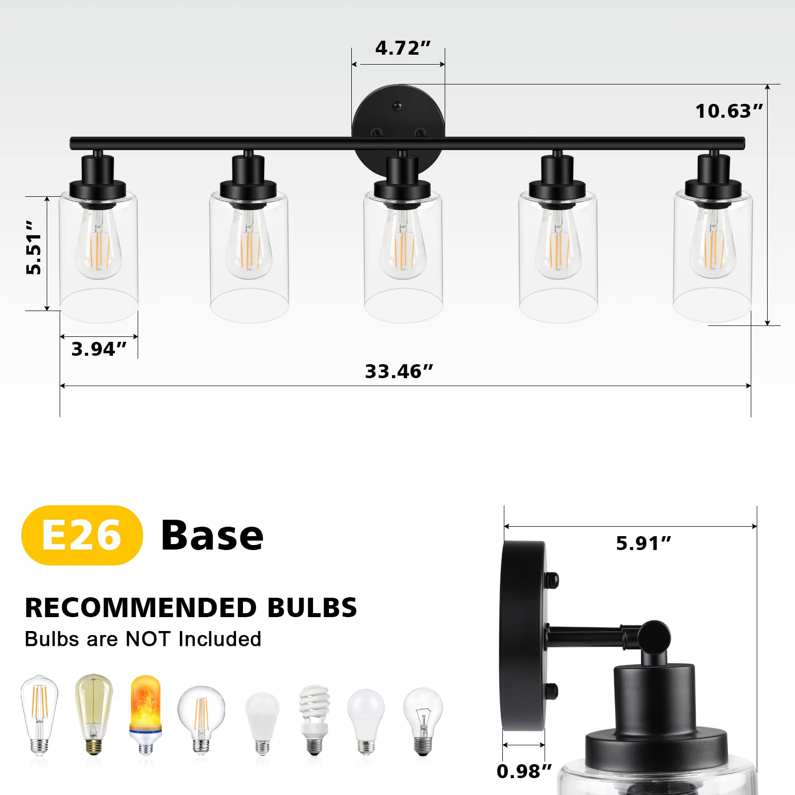 Unicozin Modern Matte Black 5 Lights Wall Lights, Wall Sconces Light with Clear Glass Shade, Vanity Light Fixtures for Bathroom, Living Room, Kitchen, Bedroom, E26 Base (Bulbs Not Included)