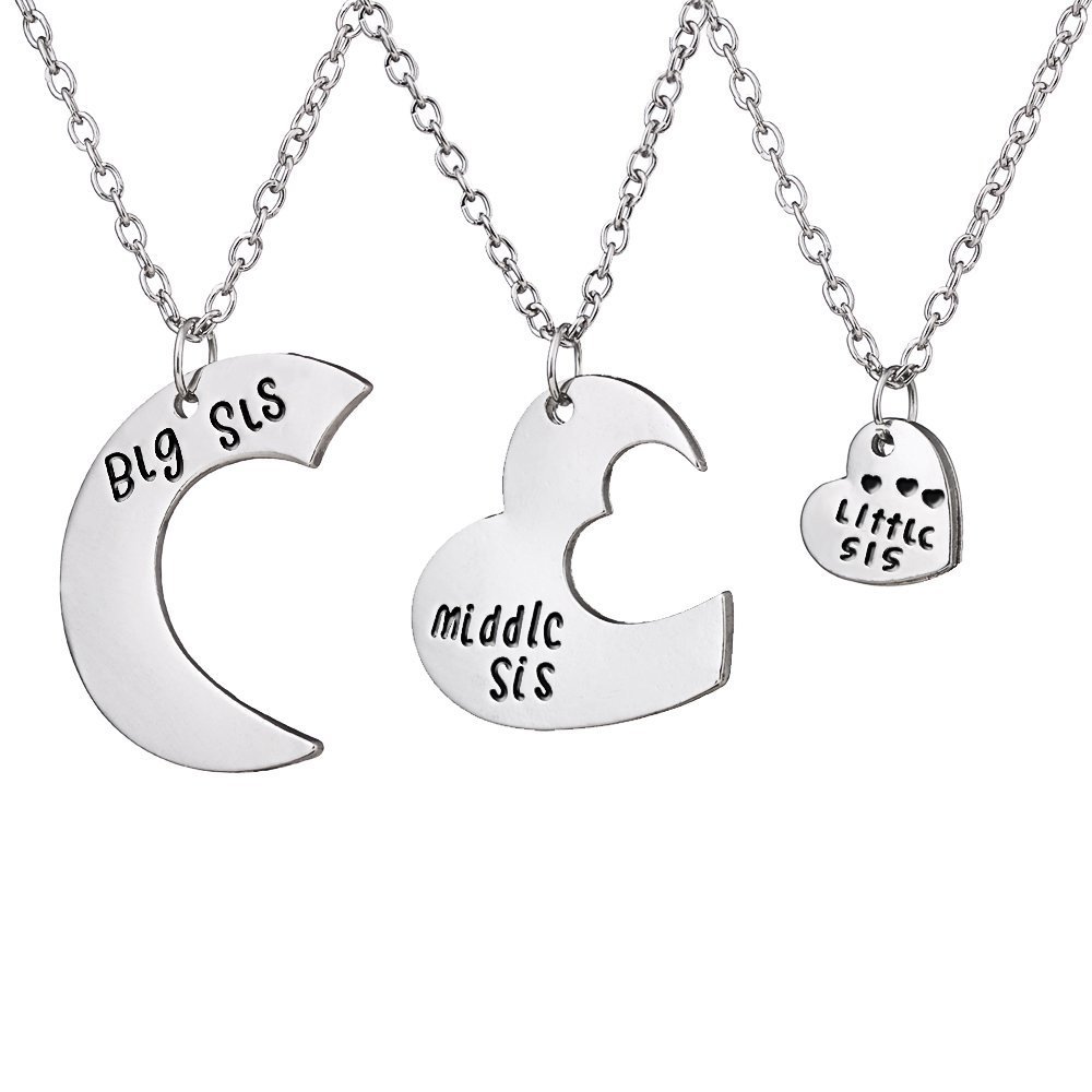 lauhonmin 3pcs Family Jewelry Gift Big Sis Middle Sis Little Sis Love Heart Charm Pendant Necklace Set for Sister