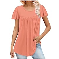 Womens T Shirts Butterfly Short Sleeve Pleated Dressy Casual Scooped Neck Summer Tops Blouses Loose Flowy Tunic Top