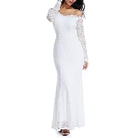 LALAGEN Womens Floral Lace Wedding Dress Long Sleeve Off Shoulder Wedding Mermaid Party Dress
