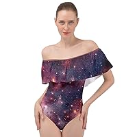 CowCow Womens Starry Night Shiny Silver Stars and Stripes Space Galaxy Off Shoulder Velour Bodysuit, XS-3XL