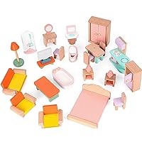 Wooden Dollhouse Furniture Set, 24 PCS Miniature Doll House Accessories with Dining Room, Living Room, Bedroom, and Bathroom, Birthday Gift Toys for Toddlers Girls Boys Age 3+