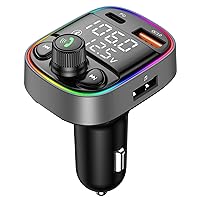 LIHAN AUX USB C Bluetooth Car Adapter, Wireless Handsfree Call, Plug for FM Transmitter Radio Receiver, QC3.0 & Type-C USB Car Charger Port, 7 Color Backlit with 2 LED Displays, TF Card & Music Player