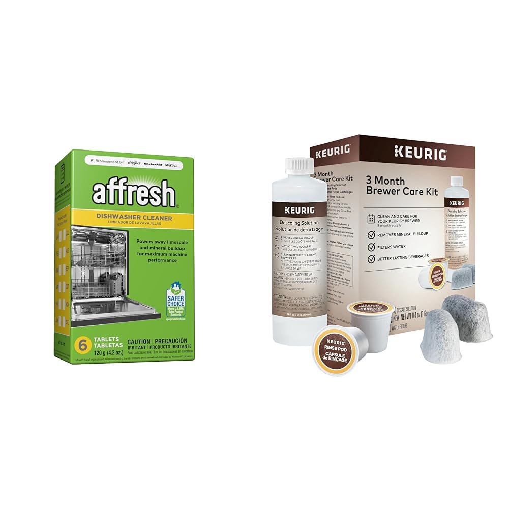 Affresh W10549851 Dishwasher Cleaner 6 Tablets Formulated to Clean Inside All Machine Models & Keurig 3-Month Brewer Maintenance Kit Includes Descaling Solution