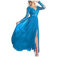 Sequin Appliques Long Sleeve Prom Dresses for Women 2023 V Neck Slit Chiffon Bridesmaid Dresses Formal Gown