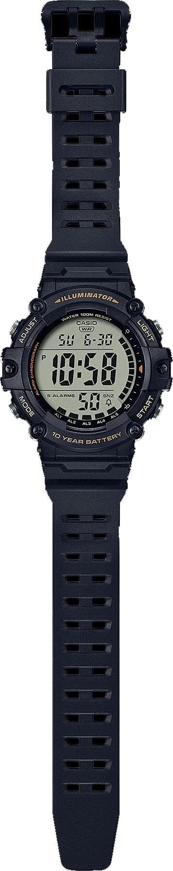 Casio Illuminator Extra Long Strap 10-Year Battery 100 M Water Resistant 5-Alarm w/Countdown Timer Men's Digital Watch, Black, AE-1500WHX-1AVCF