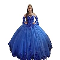Detachbale Juliet Long Sleeves Ball Gown Quinceanera Prom Dress Glittery Sequined Tulle Lace 2023