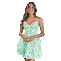 Lace Sequin Homecoming Dresses for Teens Spaghetti Straps Short Prom Dresses Tiered Corset Cocktail Gowns MA95