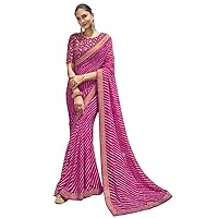 Women'S Georgette Leheriya Printed, Lace Saree With Unstitched Blouse Piece