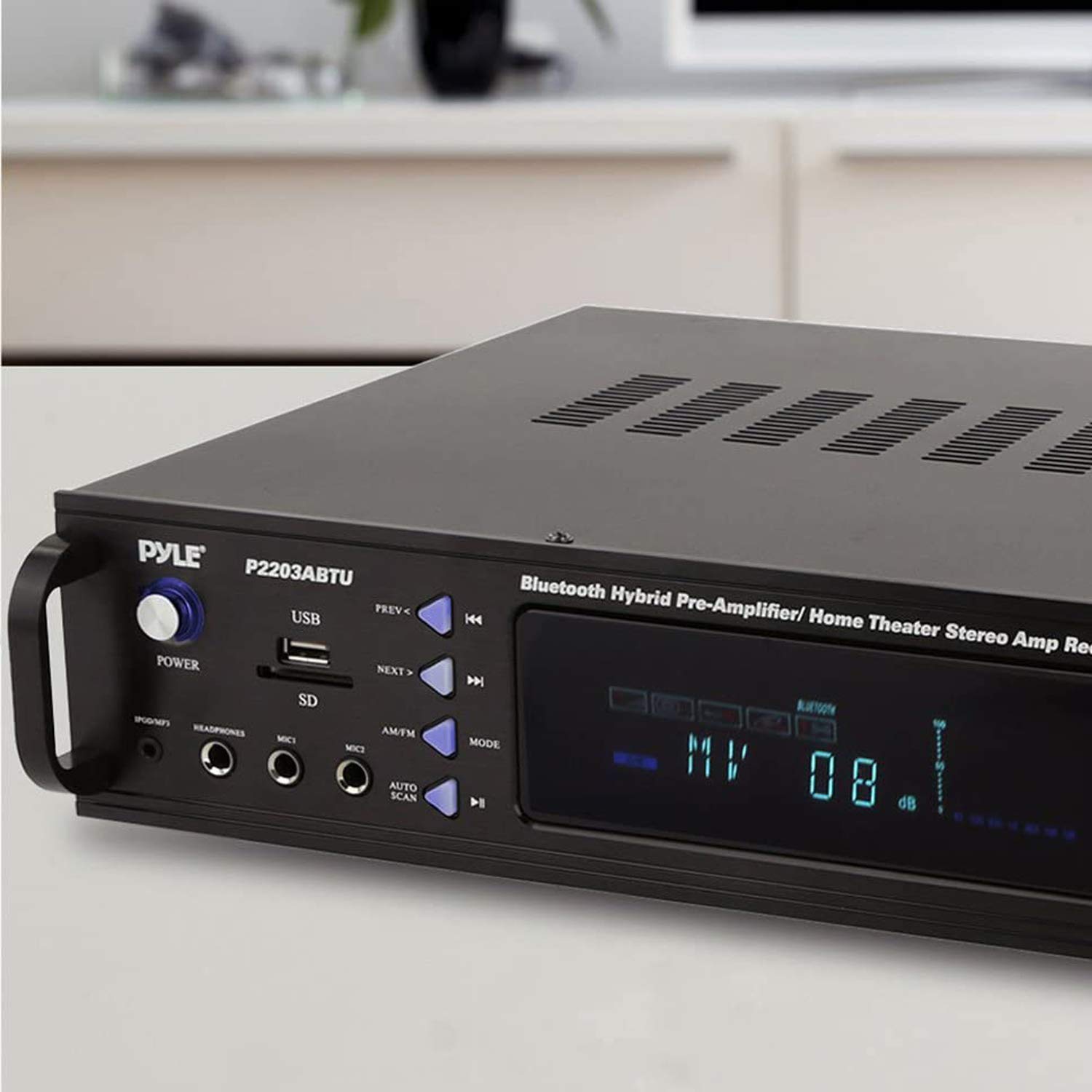 Pyle 4-Channel Bluetooth Home Power Amplifier - 2000 Watt Audio Stereo Receiver w/ Speaker Selector, AM FM Radio, USB/ SD Card Reader, Karaoke Microphone Input - Home Entertainment System