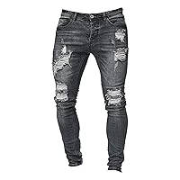 Men's Slim Fit Ripped Jeans Distressed Destroyed Stretchy Skinny Denim Pants Hip Hop Jean Trousers Streetwear