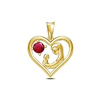 14K Yellow Gold Over 925 Sterling Silver Round Cut Ruby Mom and Child Heart Pendant