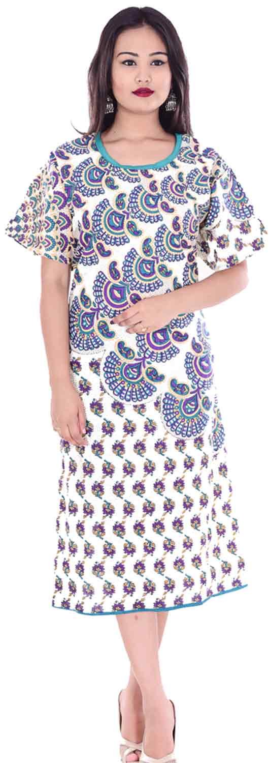 lakkar haveli Indian 100% Cotton Women Boho Long Dress Plus Size Mandala Print White Color