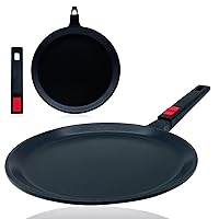 Nonstick Pancake Griddle, Crepe Pan, Pizza Pan & Comal Tortilla, 3 Layer Coating, 11 Inch Flat Skillet with Detachable Handle, Compatible with Stovetops Gas, Electric, Induction & Oven, PFOA Free