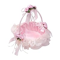 Pink Flower Girl Baskets for Weddings,Lace Ribbon Romance Wedding Flower Basket with Handle, Wedding Party Supplies for Flower Girls Wedding Ceremony Party,Pink,1Pcs (1)