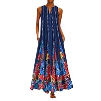 Flowy Dresses for Women, Women Vintage Daily Casual Sleeveless Cotton-Blend Printed Floral Summer Dress